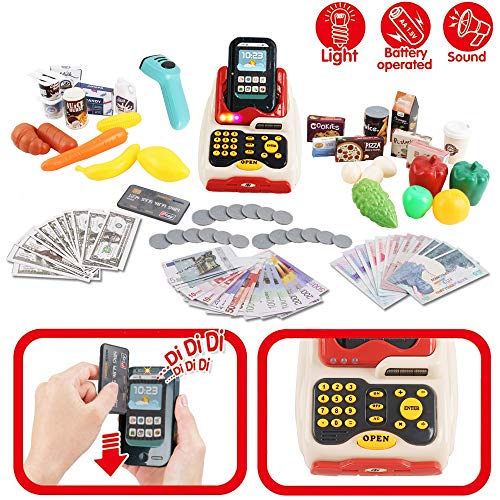 deAO Supermercado Tienda de Juguete Puesto de Mercado Infantil con Carrito de la Compra, Scanner, Caja Registradora y más de 20 Accesorios de Imitación Incluidos (Rojo)
