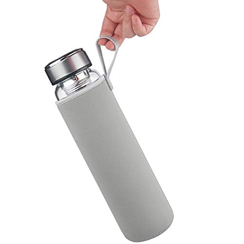 DEARRAY Botella de Infusi¨®n de Frutas y T¨¦ de Cristal de Borosilicato 1000 ml / 1 litro, Botella de Agua de Vidrio con Funda de Neopreno y Elegante Tapa de Acero Inoxidable