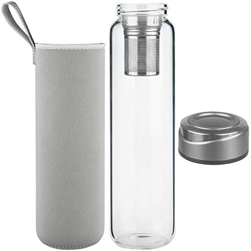 DEARRAY Botella de Infusi¨®n de Frutas y T¨¦ de Cristal de Borosilicato 1000 ml / 1 litro, Botella de Agua de Vidrio con Funda de Neopreno y Elegante Tapa de Acero Inoxidable