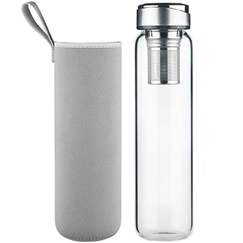 DEARRAY Botella de Infusi¨®n de Frutas y T¨¦ de Cristal de Borosilicato 1000 ml / 1 litro, Botella de Agua de Vidrio con Funda de Neopreno y Elegante Tapa de Acero Inoxidable