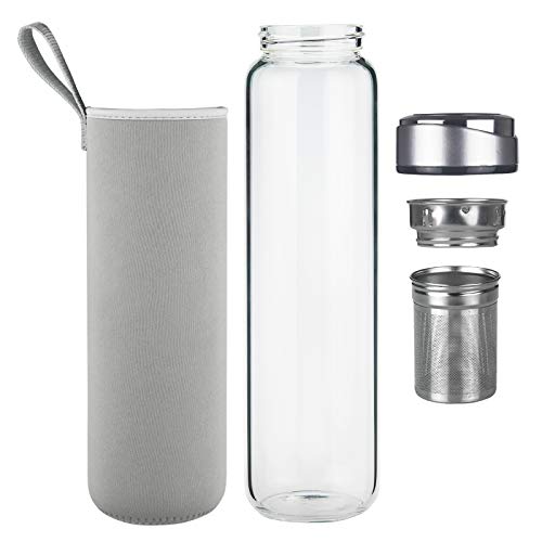 DEARRAY Botella de Infusi¨®n de Frutas y T¨¦ de Cristal de Borosilicato 1000 ml / 1 litro, Botella de Agua de Vidrio con Funda de Neopreno y Elegante Tapa de Acero Inoxidable