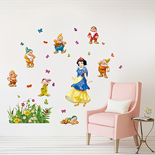 decalmile Blanca Nieves Y Los Siete Enanos Princesa Pegatinas De Pared Hada Desmontable Adhesivos Pared Decorativos para Niños Infantiles Habitación Vivero