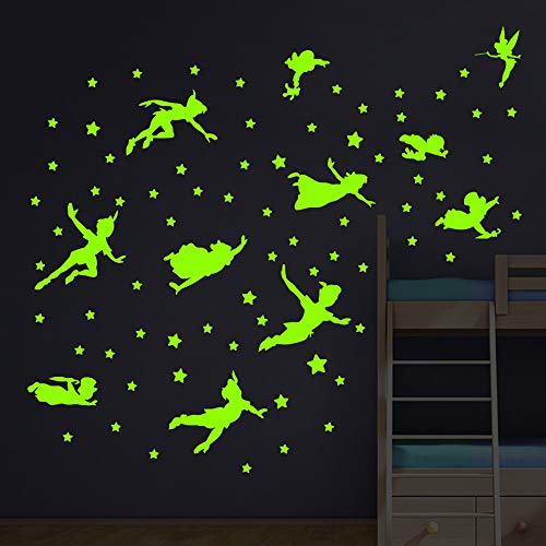 decalmile Luminoso Pegatinas de Pared Peter Pan Vinilos Decorativos Fluorescente Cuento de Hadas Estrella Adhesivos Pared Niña Infantil Dormitorio Habitación Bebé Guardería