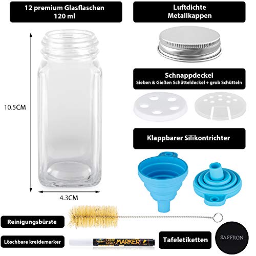 Deco Haus Juego 12 Tarros Especias con Tapa Rosca - Etiquetas, Embudo, Cepillo, Marcador - Va con Nuestros Estantes para Condimentos - Almacenamiento y Dispensador Vidrio Transparente 120ml 10.5x4.3cm