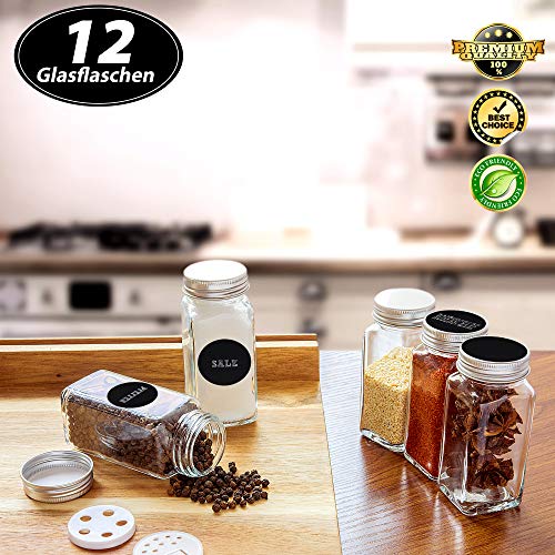 Deco Haus Juego 12 Tarros Especias con Tapa Rosca - Etiquetas, Embudo, Cepillo, Marcador - Va con Nuestros Estantes para Condimentos - Almacenamiento y Dispensador Vidrio Transparente 120ml 10.5x4.3cm