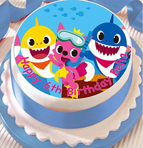 Decoración comestible para tarta con diseño de tiburón de bebé de 19 cm e impresa con tu felicitación personalizada