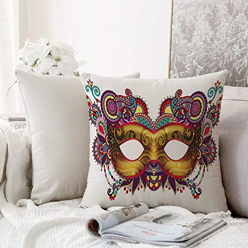 decoración Cuadrada, Mardi Gras, Detalles Florales Adornados en la máscara de Ojo Amarillo Festival Tradicional de Carnaval fe,Funda de Almohada Almohada para Coche Almohada para sofá casero
