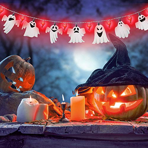 Decoración de Halloween Luces Centelleantes de Cadena de Fantasma de 12,4 Pies de 13 LED con Decoración de Fantasma, Decoración de Halloween Alimentada por Pilas, Jardín, Interior, Porche, Exterior