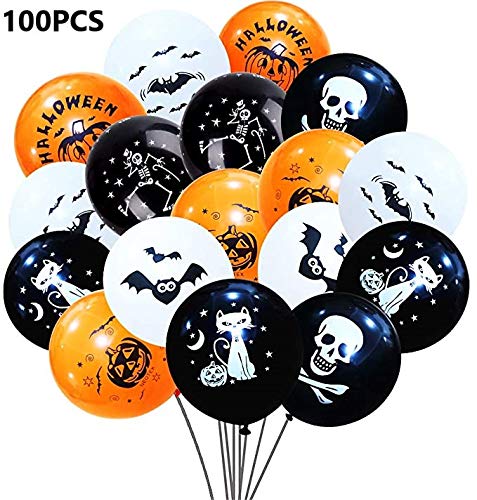 Decoracion Halloween Halloween Globos, Globos para fiestas, Halloween Fotomaton,Globos Negros Y Naranjas con Fantasmas, 100 Piezas Globos de Látex con para la Decoración de Fiestas de Halloween