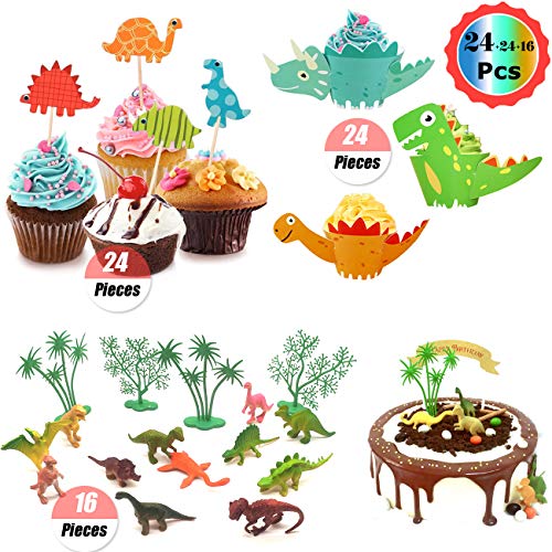 Decoración para Cupcakes de Dinosaurio,Dinosaurio Cupcake Topper de Tarta Magdalenas Decoración y Cupcake Wrappers para Tartas en la Fiesta de Cumpleaños de Comunion de los Niños