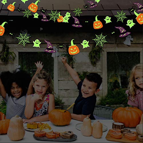 Decoración para fiestas de Halloween en la oscuridad con bandera, guirnalda luminosa de estamina de Halloween para colgar con telaraña sombrero de bruja fantasma araña calabaza para todos Hallows Eve