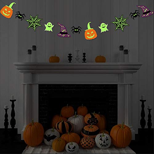 Decoración para fiestas de Halloween en la oscuridad con bandera, guirnalda luminosa de estamina de Halloween para colgar con telaraña sombrero de bruja fantasma araña calabaza para todos Hallows Eve