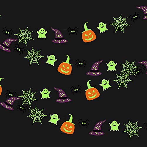 Decoración para fiestas de Halloween en la oscuridad con bandera, guirnalda luminosa de estamina de Halloween para colgar con telaraña sombrero de bruja fantasma araña calabaza para todos Hallows Eve