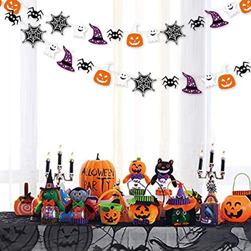 Decoración para fiestas de Halloween en la oscuridad con bandera, guirnalda luminosa de estamina de Halloween para colgar con telaraña sombrero de bruja fantasma araña calabaza para todos Hallows Eve