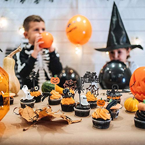 Decoración para Pastelesde de Halloween, 100 PCS Cupcake Topper, Halloween Cupcake Picks con Bruja Fantasma Murciélago, Calabaza, Araña, Gato, Negro, Magdalenas, Decoración para Fiestas de Halloween