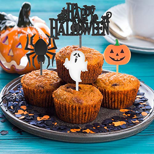 Decoración para Pastelesde de Halloween, 100 PCS Cupcake Topper, Halloween Cupcake Picks con Bruja Fantasma Murciélago, Calabaza, Araña, Gato, Negro, Magdalenas, Decoración para Fiestas de Halloween