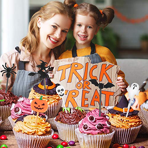 Decoración para Pastelesde de Halloween, 100 PCS Cupcake Topper, Halloween Cupcake Picks con Bruja Fantasma Murciélago, Calabaza, Araña, Gato, Negro, Magdalenas, Decoración para Fiestas de Halloween