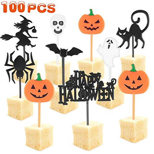 Decoración para Pastelesde de Halloween, 100 PCS Cupcake Topper, Halloween Cupcake Picks con Bruja Fantasma Murciélago, Calabaza, Araña, Gato, Negro, Magdalenas, Decoración para Fiestas de Halloween