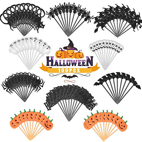 Decoración para Pastelesde de Halloween, 100 PCS Cupcake Topper, Halloween Cupcake Picks con Bruja Fantasma Murciélago, Calabaza, Araña, Gato, Negro, Magdalenas, Decoración para Fiestas de Halloween