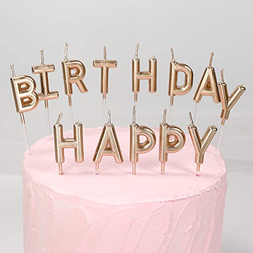 Decoración para tarta de cumpleaños con diseño de texto en inglés "Happy Birthday" para decoración de tartas de cumpleaños para adultos y niños, 10 velas en espiral con soportes Oro champán.