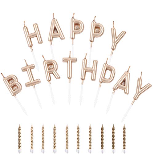Decoración para tarta de cumpleaños con diseño de texto en inglés "Happy Birthday" para decoración de tartas de cumpleaños para adultos y niños, 10 velas en espiral con soportes Oro champán.