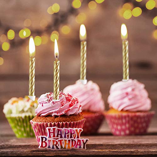 Decoración para tarta de cumpleaños con diseño de texto en inglés "Happy Birthday" para decoración de tartas de cumpleaños para adultos y niños, 10 velas en espiral con soportes Oro champán.