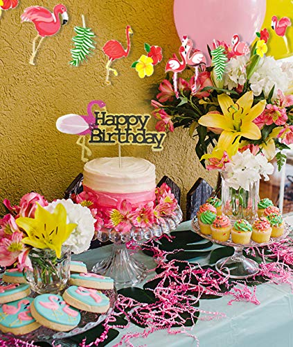 Decoraciones para fiesta de cumpleaños de flamenco rosado Banner Topper para tarta Suministros para fiestas de flamencos tropicales Decoraciones para fiestas temáticas de verano hawaiano
