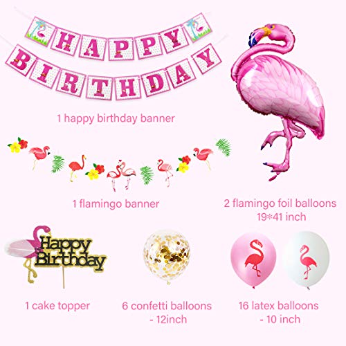 Decoraciones para fiesta de cumpleaños de flamenco rosado Banner Topper para tarta Suministros para fiestas de flamencos tropicales Decoraciones para fiestas temáticas de verano hawaiano
