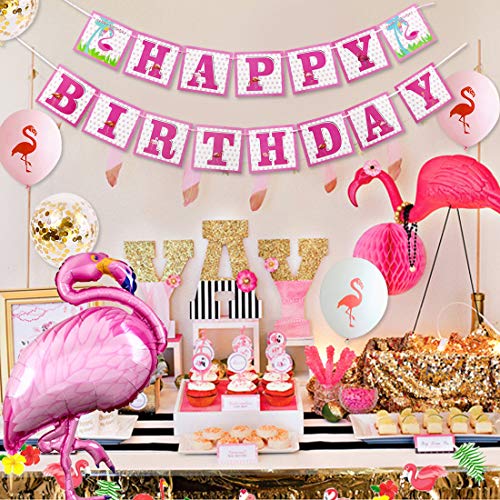 Decoraciones para fiesta de cumpleaños de flamenco rosado Banner Topper para tarta Suministros para fiestas de flamencos tropicales Decoraciones para fiestas temáticas de verano hawaiano