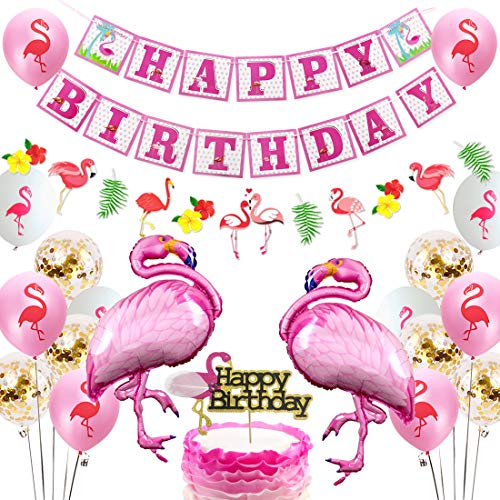 Decoraciones para fiesta de cumpleaños de flamenco rosado Banner Topper para tarta Suministros para fiestas de flamencos tropicales Decoraciones para fiestas temáticas de verano hawaiano