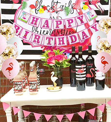 Decoraciones para fiesta de cumpleaños de flamenco rosado Banner Topper para tarta Suministros para fiestas de flamencos tropicales Decoraciones para fiestas temáticas de verano hawaiano
