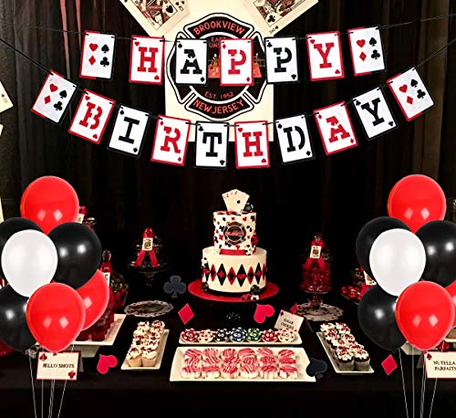 Decoraciones para Fiestas de Casino - Banner de Feliz cumpleaños con temática de póker, confetis y Globos para la Noche de Casino Suministros para Fiestas en Las Vegas