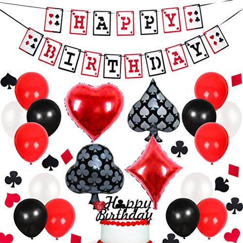 Decoraciones para Fiestas de Casino - Banner de Feliz cumpleaños con temática de póker, confetis y Globos para la Noche de Casino Suministros para Fiestas en Las Vegas
