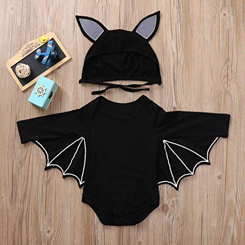 DEELIN Halloween Cosplay Bat Sleeve Romper + Cartoon Ear Hat NiñO ReciéN Nacido Baby Boy Girl Halloween Cosplay Traje Jumpsuit Hat Costume Negro (70, Negro)