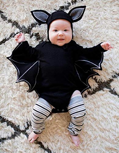 DEELIN Halloween Cosplay Bat Sleeve Romper + Cartoon Ear Hat NiñO ReciéN Nacido Baby Boy Girl Halloween Cosplay Traje Jumpsuit Hat Costume Negro (70, Negro)