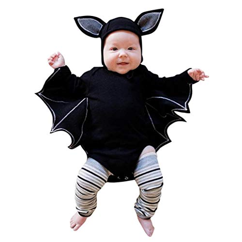 DEELIN Halloween Cosplay Bat Sleeve Romper + Cartoon Ear Hat NiñO ReciéN Nacido Baby Boy Girl Halloween Cosplay Traje Jumpsuit Hat Costume Negro (70, Negro)