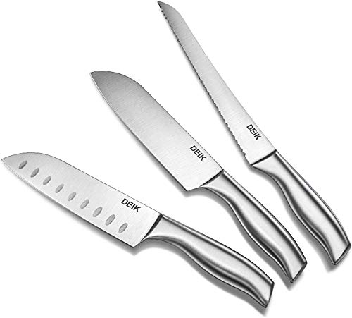 Deik - Juego de cuchillos de cocina de 3 piezas con cuchillo de chef, cuchillo Santoku, cuchillo de pan, acero inoxidable alemán de alto contenido de carbono