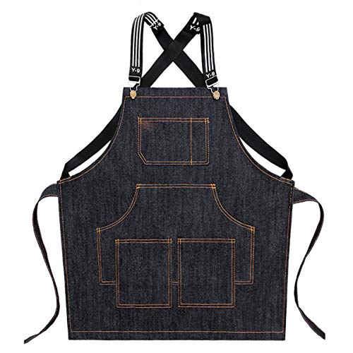 Delantal con Peto Chef, con Correas Cruzadas En Los Bolsillos Y Delantal De Mezclilla Ajustable Y Duradero, para Cocinar, Hornear, Barbero, Pintor Y Jardinero,Negro