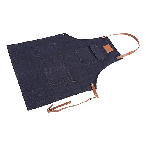 Delantal de babero de mezclilla para trabajo pesado Jean delantal de cocina Correa de cuero ajustable para Baker Bartender BBQ Chef trabajo cocinero uniforme(Blue)