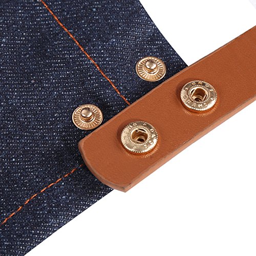 Delantal de babero de mezclilla para trabajo pesado Jean delantal de cocina Correa de cuero ajustable para Baker Bartender BBQ Chef trabajo cocinero uniforme(Blue)