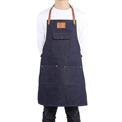 Delantal de babero de mezclilla para trabajo pesado Jean delantal de cocina Correa de cuero ajustable para Baker Bartender BBQ Chef trabajo cocinero uniforme(Blue)