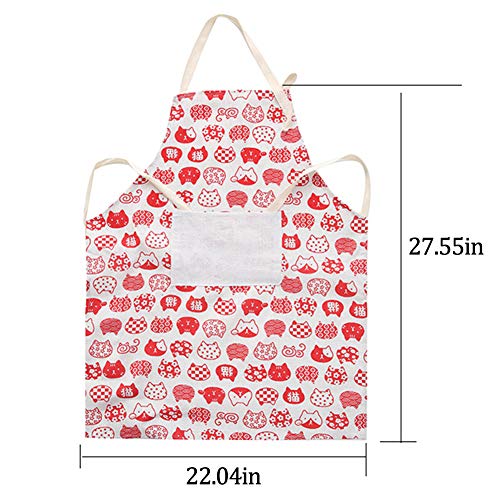 Delantal de cocina, de algodón de calidad profesional de lino de cocina de cocina delantal de limpieza lindo gatito impresión delantal bolsillos grandes