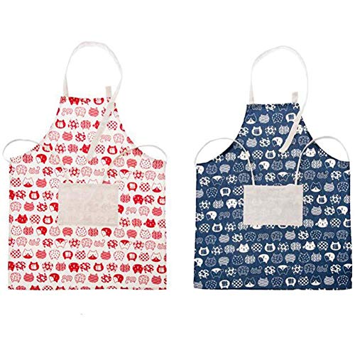 Delantal de cocina, de algodón de calidad profesional de lino de cocina de cocina delantal de limpieza lindo gatito impresión delantal bolsillos grandes