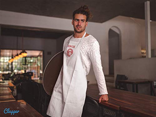 Delantal de Cocina Masterchef. Personalizado con TU Nombre. Poliester-Algodon Blanco o Negro (Blanco)