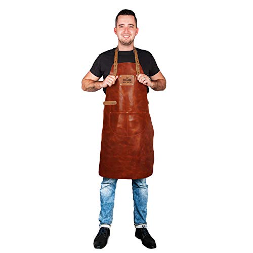 Delantal de Cuero - Personaliza un Delantal para Barbacoa con Nombre, Texto, Diferentes Diseños y Tipos de Letras, Delantal Hecho en Cuero Genuino de Búfalo con Banda Totalmente Ajustable (Marrón)