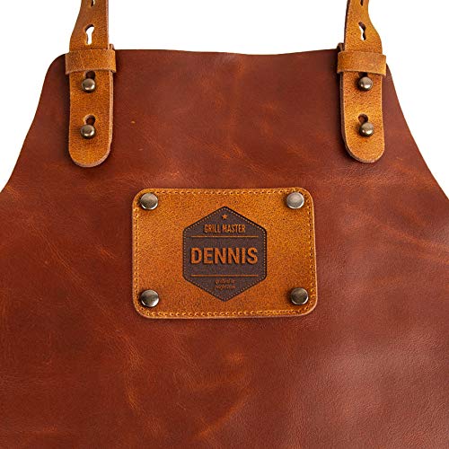 Delantal de Cuero - Personaliza un Delantal para Barbacoa con Nombre, Texto, Diferentes Diseños y Tipos de Letras, Delantal Hecho en Cuero Genuino de Búfalo con Banda Totalmente Ajustable (Marrón)