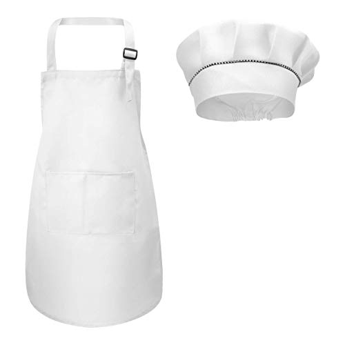 Delantal Para Niños+Gorro De Cocinero, Delantal de Cocina Infantil Delantales Infantiles Delantal De Chef De Cocina Para Niños Pintura 4-12 Años (Blanco, L)