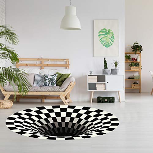 Delaspe Alfombra redonda de rejilla en blanco y negro, ilusión 3D vórtice alfombra de suelo para habitación, apto para salón, dormitorio, cocina
