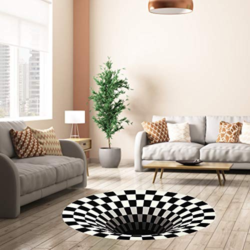 Delaspe Alfombra redonda de rejilla en blanco y negro, ilusión 3D vórtice alfombra de suelo para habitación, apto para salón, dormitorio, cocina