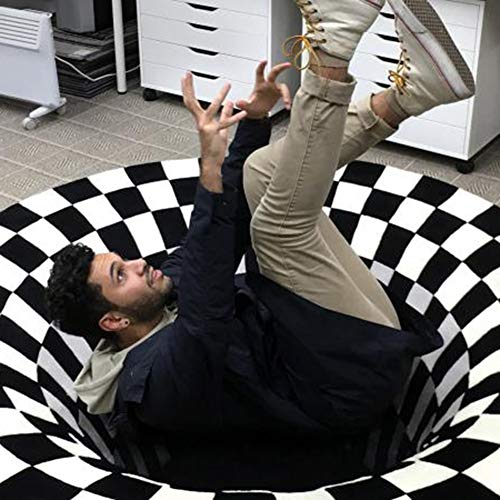 Delaspe Alfombra redonda de rejilla en blanco y negro, ilusión 3D vórtice alfombra de suelo para habitación, apto para salón, dormitorio, cocina